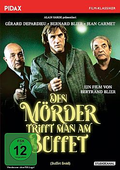 "Den Mrder trifft man am Buffet": Abbildung DVD-Cover mit freundlicherGenehmigung von "Pidax Film", welche die rabenschwarze Komdie im April 2025 auf DVD herausbrachte.